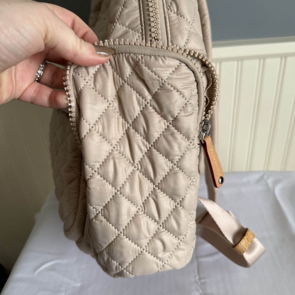 MZ Wallace Pocket Metro Quilted Nylon Backpack Diaper Laptop Work Bag Beige Tan - Picture 6 of 16